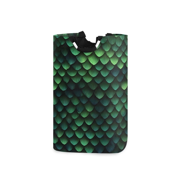Dark Green Snake Scales Laundry Basket with Handles Foldable Laundry Hamper Freestanding Washing Bin 50L
