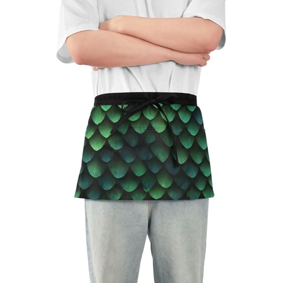 Dark Green Snake Scales Short Server Apron with 3 Pockets for Unisex Chef Gardening
