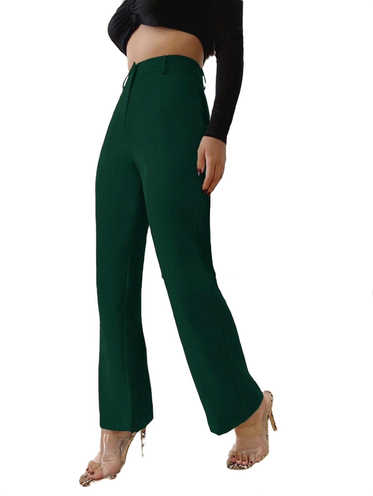 Dark Green Solid High Waist Women's Suit Pants 