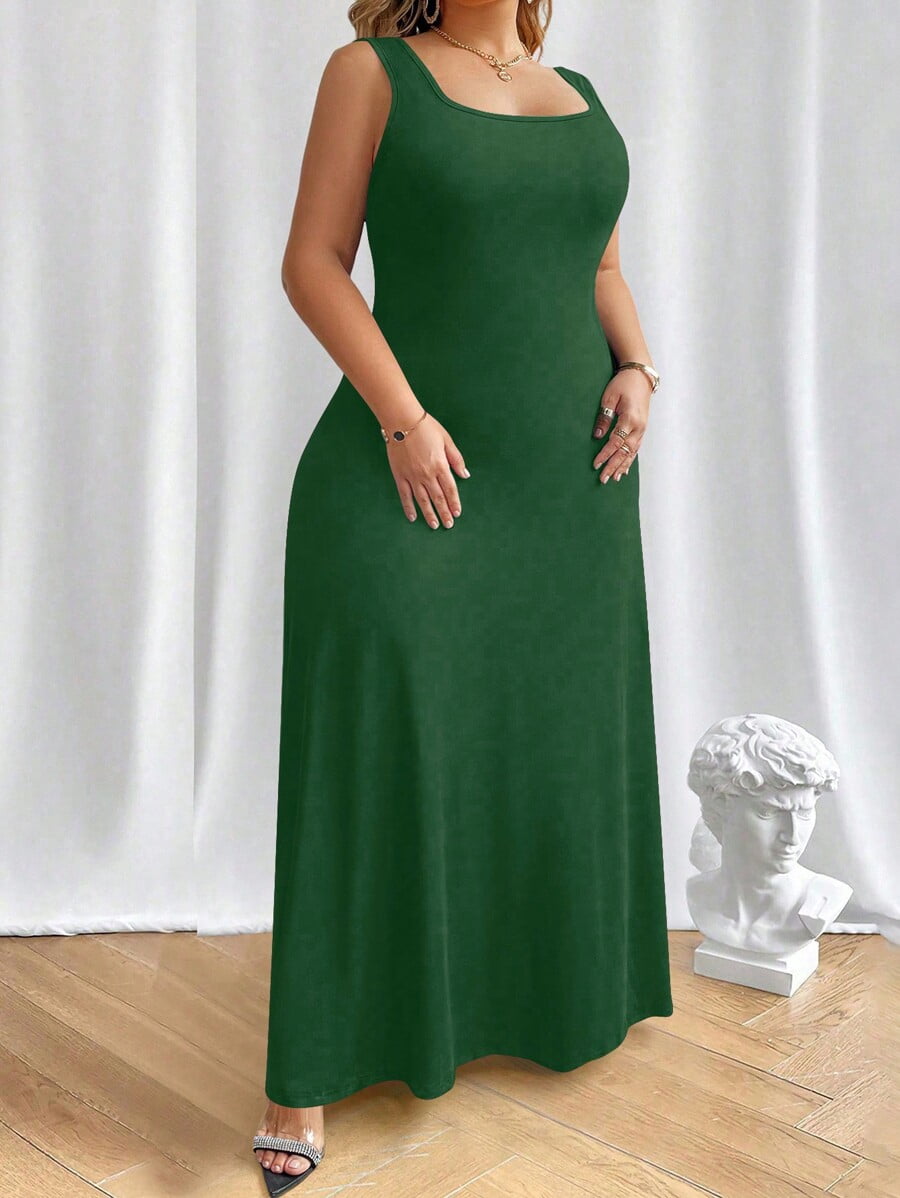 dark green simple dress Solid Tank Maxi For Women Casual Summer Sleeveless Square Neck DR3196MOD