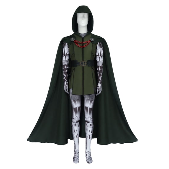 Dark Green Sorcerer Villain Cosplay Costume Printed Armor Jumpsuit with Hooded Cape 2-Piece Set for Halloween Stage Performance, 190