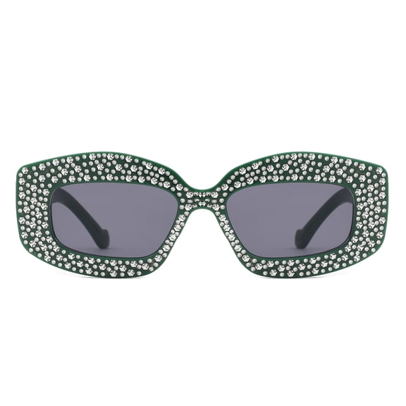 Dark Green Square Sunglasses with Rhinestones, UV400 Protection Polarized Lenses, Stylish Fashion Sunglasses for Daily Use