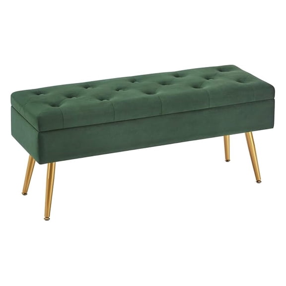 Dark Green Storage Ottoman 40", Tufted Upholstered Bench with Golden Legs, Entryway Bench for Bedroom, Living Room, End of Bed, Large Storage Space