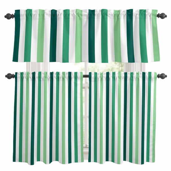 Dark Green Stripe Kitchen Curtains Sets for Windows 24 Inch Length, Geometric White Vertical Striped Rod Pocket Window Treatments Tier Curtains and Valances Set for Bedroom/Bathroom