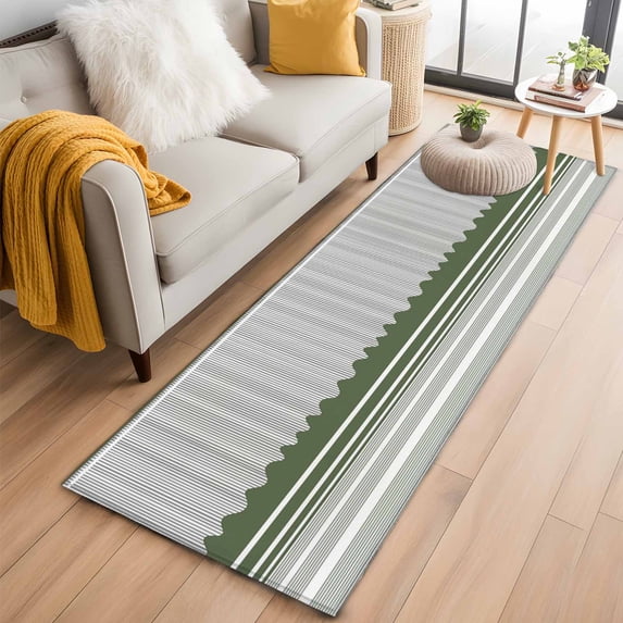 Dark Green Striped 2'x6' Runner Rugs for Hallway Kitchen Bedside Non Slip Washable, Abstract Modern Geometric Stripes Entryway Rug Runners with Rubber Backing, Long Carpet Runner for Laundry Room
