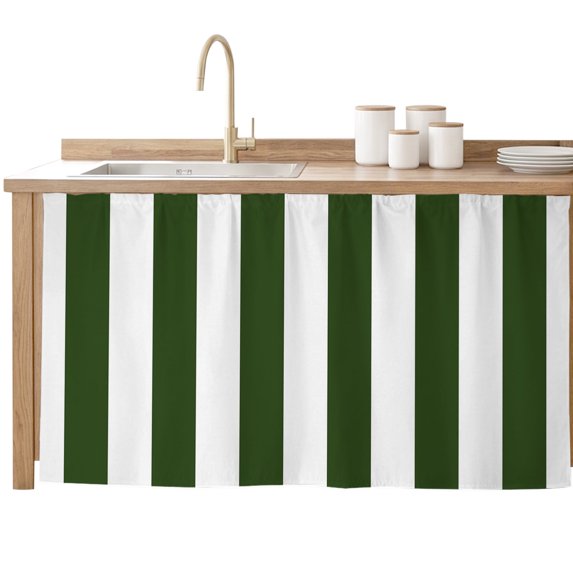 Dark Green Striped Cabinet Curtains 28"x51" Sink Skirt for Bathroom Kitchen, Vertical Stripe Boho Minimalist Country Self Stick Adhesive Under Desk Covers Tall Laundry Cabinet Storage Organizer