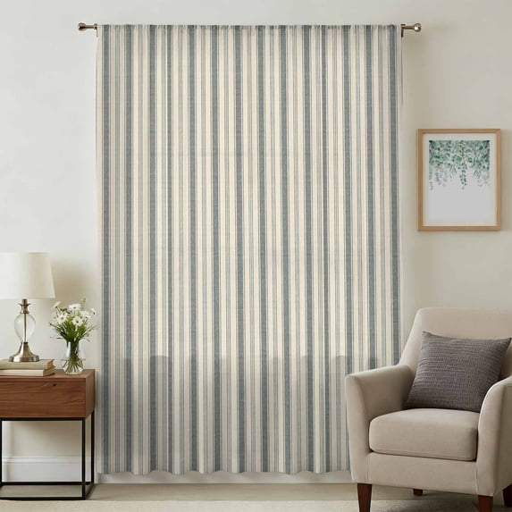 Dark Green Striped Sheer Curtains 45 Inches Long, Modern Stripes Vintage Beige Light Filering Curtains, Breathable Simi Curtain Privacy Drapes for Kitchen Bathroom Lightweight Small Window Treatment