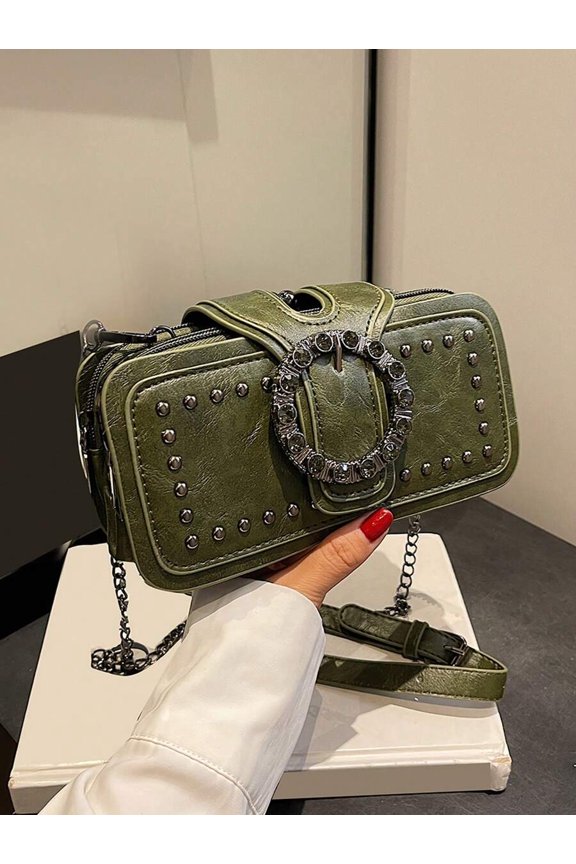 Dark Green Studded Rhinestone Square Crossbody Bag With Chain Strap