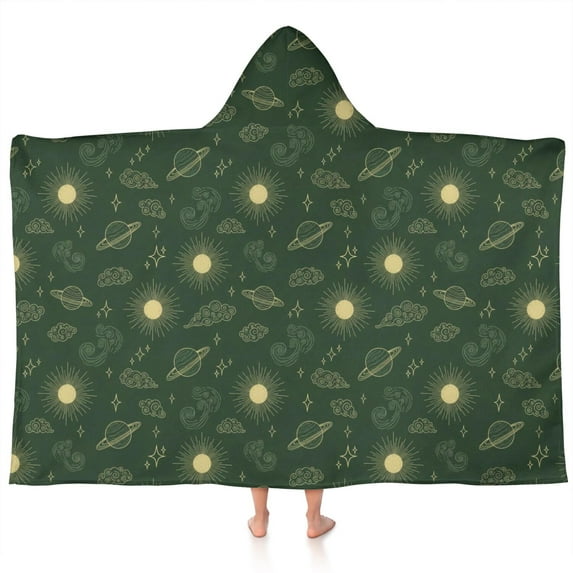 Dark Green Sun Planet Star Cloud Pattern Hooded Bath Towel,60"x35" for Ages 3 To 12 Kids, Quick Dry Lightweight Soft Microfiber Hood Beach Towel Cover Up for Kids