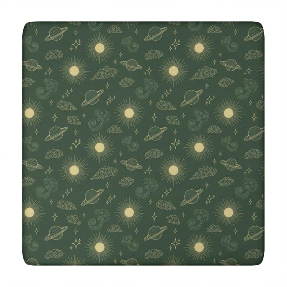 Dark Green Sun Planet Star Cloud Pattern Square Fitted Tablecloth with Elastic Edge,Square Table Cover,Washable Elastic Table Cover for Home Kitchen Party Decor 34"x34"
