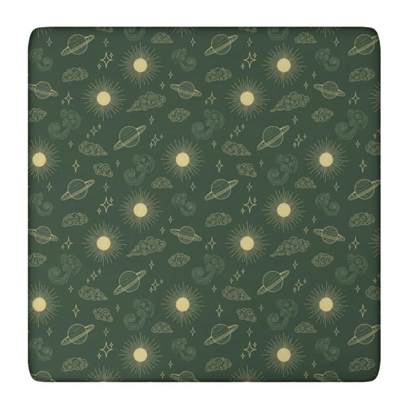 Dark Green Sun Planet Star Cloud Pattern Square Fitted Tablecloth with Elastic Edge,Square Table Cover,Washable Elastic Table Cover for Home Kitchen Party Decor 36"x36"