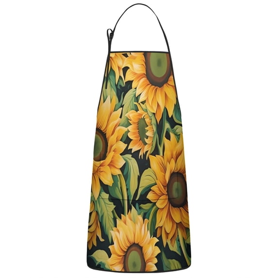 Dark Green Sunflower Pattern Apron-Garden Aprons for Women with Pockets-Cotton Linen Waterproof Kitchen Cooking Gardening Aprons Adjustable for Kitchen,Cooking,BBQ and Salon 33x27 Inch