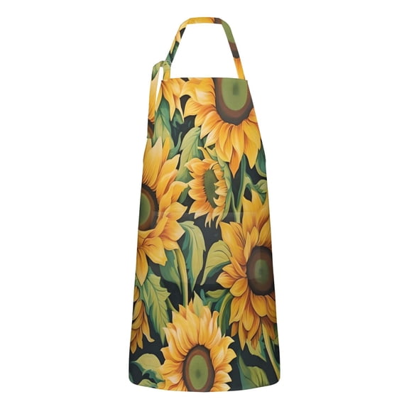 Dark Green Sunflower Pattern Apron-Garden Aprons for Women with Pockets-Cotton Linen Waterproof Kitchen Cooking Gardening Aprons Adjustable for Kitchen,Cooking,BBQ and Salon 33x27 Inch