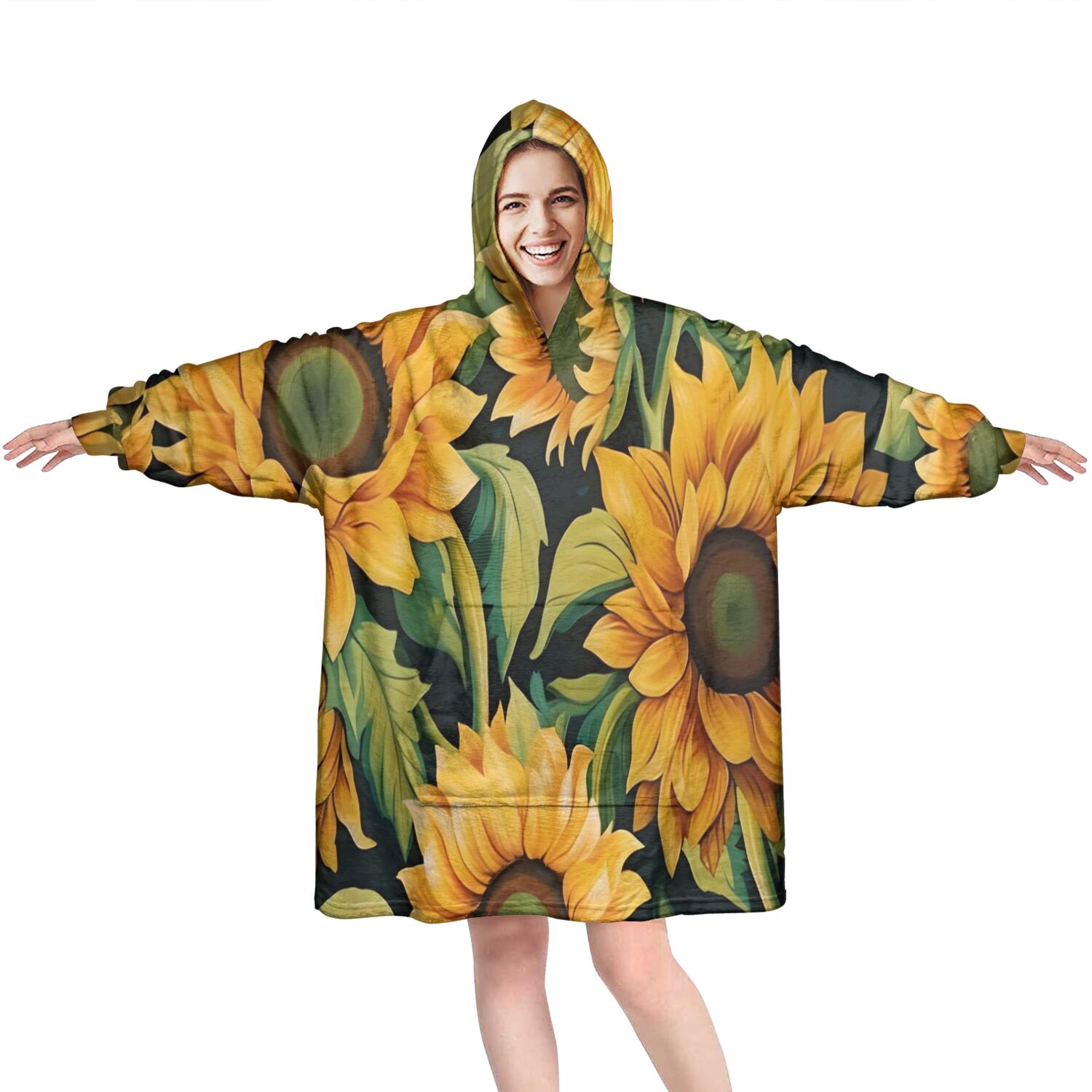 Dark Green Sunflower Pattern Wearable Oversized Blanket,Wearable Blanket Hoodie for Adults,Cozy Hooded Blankets with Super Pockets,Super Warm Fuzzy Pullover for Women & Men