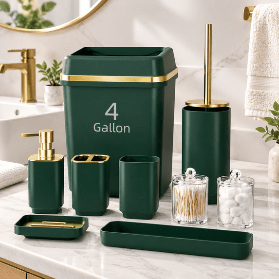 Dark Green Swing-Top Bath Set, 9-Piece Bathroom Accessories with Trash ...