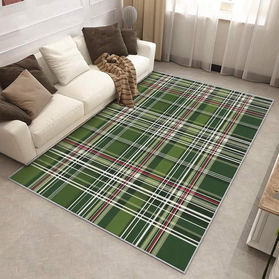 Dark Green Tartan Area Rug, Classic Plaid Gingham Pattern Indoor Carpet, Washable Non Slip Low Pile Soft Thin Rug for Living Room Bedroom Home Decor Mat 5x8ft
