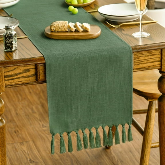Dark Green Tassel Table Runner, Linen Blend Rustic Farmhouse Style Kitchen Table Decoration Holiday Wedding Party Dinning Decor 13x72 Inch