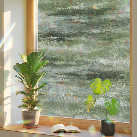 Dark Green Texture Window Privacy Film Rainbow Static Cling Stain Glass ...