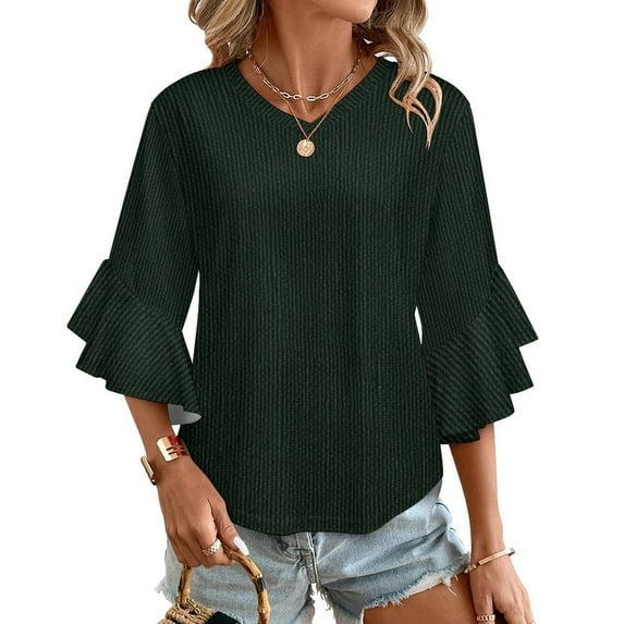 Dark Green Textured Fabric Women's V-Neck Blouse With 3/4 Ruffled Bell Sleeves Casual Top Ladies Blouses