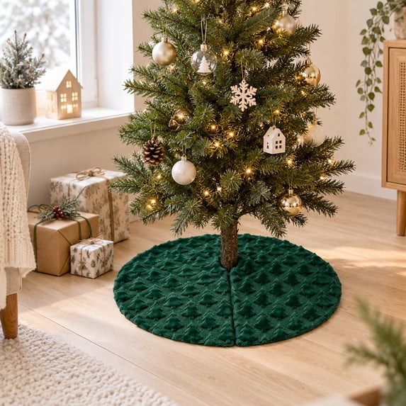 Dark Green Textured Trees Christmas Tree Skirt, 30.7 Inch Diameter with ...