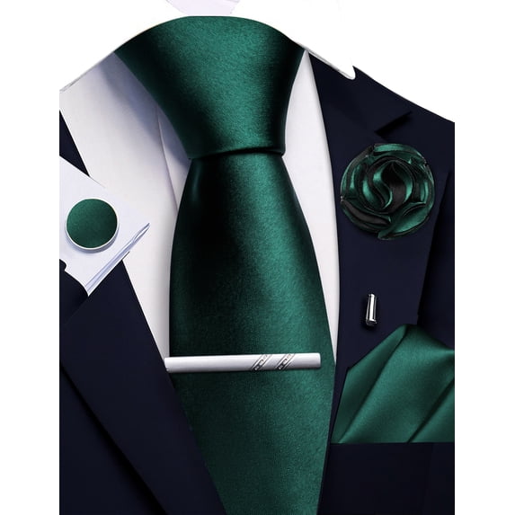 Dark Green Ties for Men Silk Satin Necktie and Pocket Square Cufflinks Tie Clip Lapel Pin Set Wedding Business 5PCS