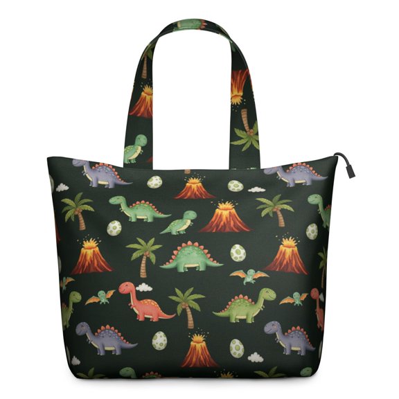 Dark Green Toned Dinosaur and Volcano Pattern Travel Tote Bags for Women Carry On,Large Weekender Bags for Women Travel,Multi Functional Duffle Bag for Work,Shopping,Sports