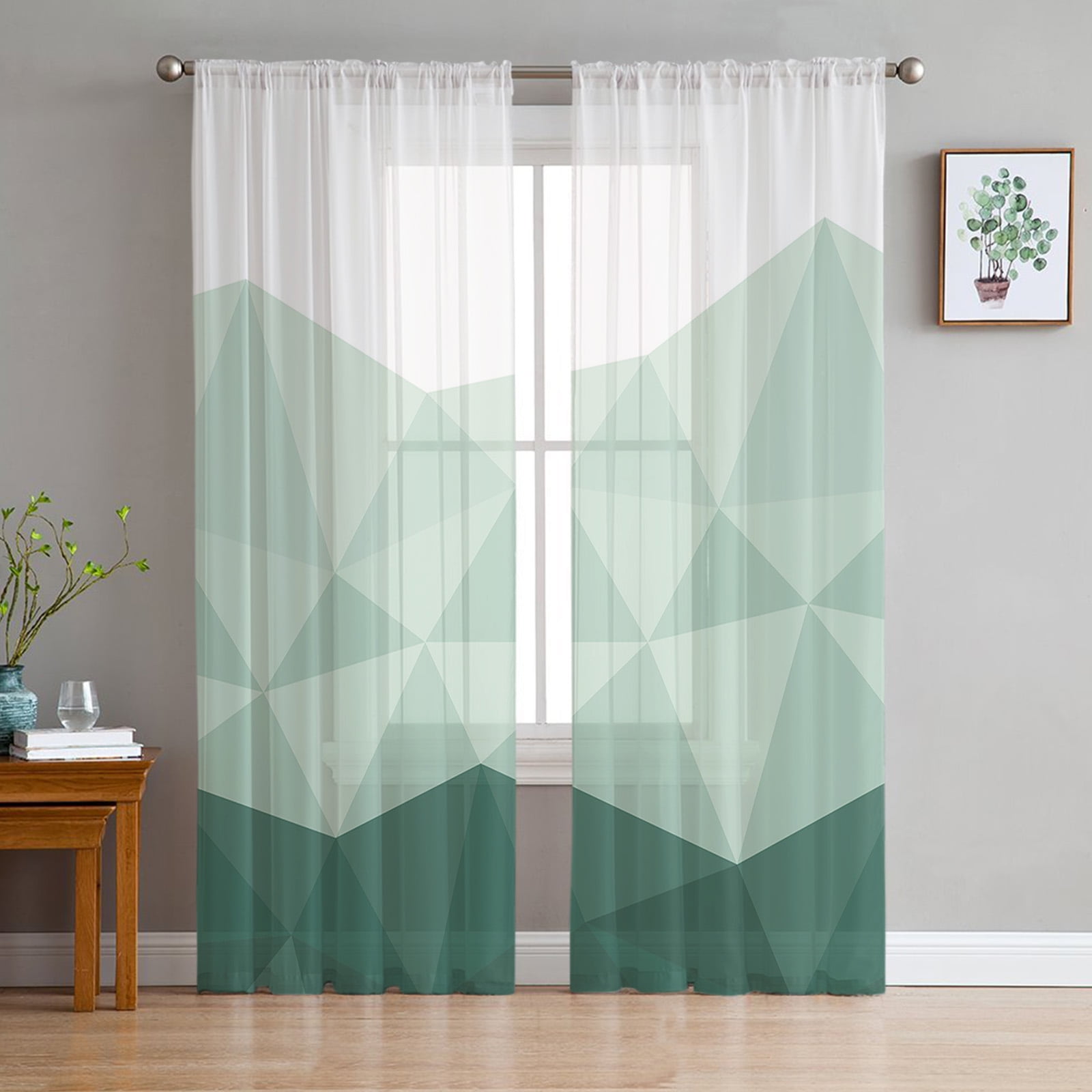Dark Green Triangle Irregular Graphic Chiffon Sheer Curtains for Living