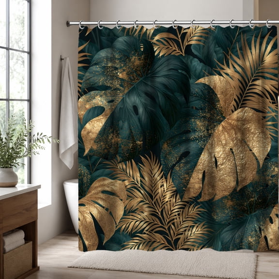 Dark Green Tropical Leaf Shower Curtain, Gold Botanical Plant Shower Curtain with Luxury Jungle Leaves Pattern, Modern Boho Bathroom Decor Curtain, 70.87 x 70.87 Inch