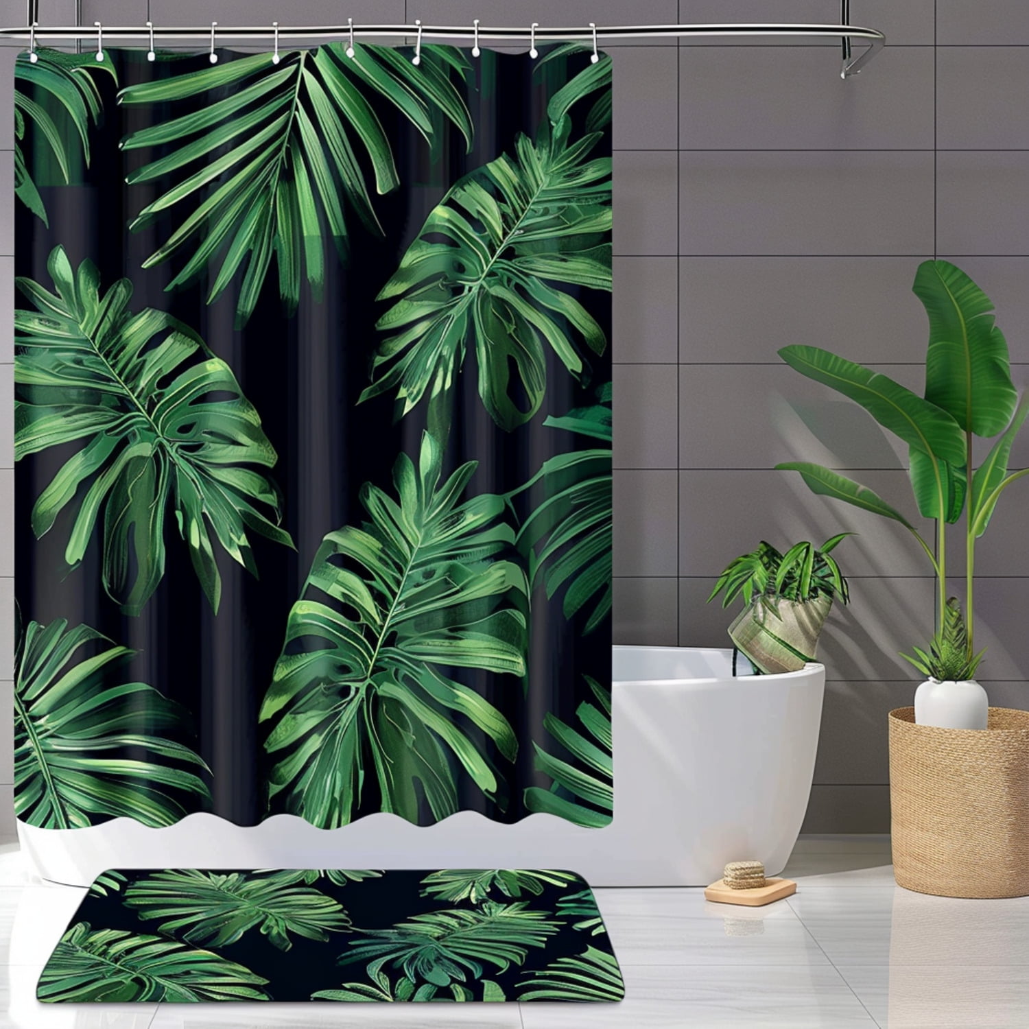 Dark Green Tropical Palm Leaves Bathroom Set Cartoon Style Curtain