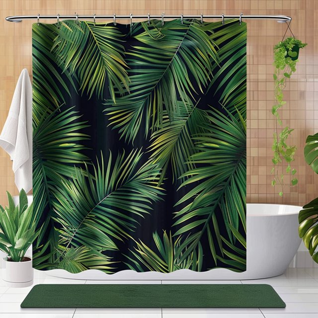 Dark Green Tropical Palm Leaves Shower Curtain Set Home Decor with