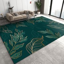 Dark Green Tropical Palm Plant Carpet, Abstract Luxury Gold Thread Leaves Machine Washable Area Rugs, Large Non-slip Machine Rug for Living Room Bedroom Dining Farmhouse 2' x 3'