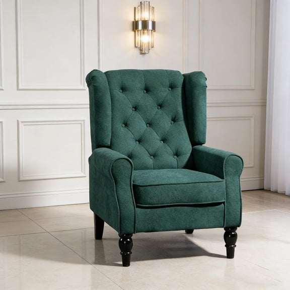 Dark Green Tufted Wingback Chair with High Back, Padded Armrests and Thick Seat, Accent Chair for Living Room or Bedroom