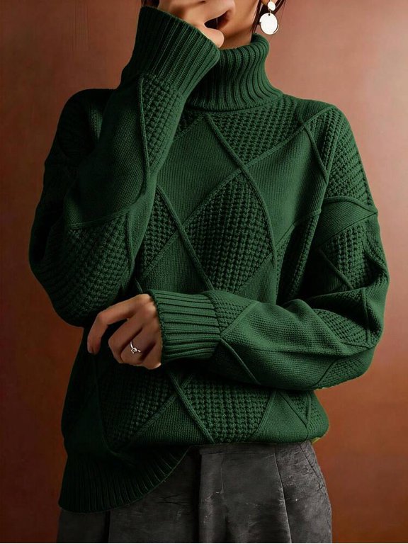 Dark Green Turtleneck Sweater with Diamond Knit Pattern