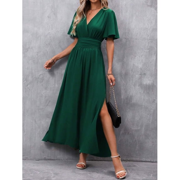 Dark Green V-Neck Butterfly Sleeve High Slit Maxi Dress For Women