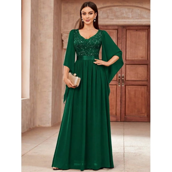 Dark Green V-Neck Sequin Lace Insert Flowing Chiffon Maxi Dress