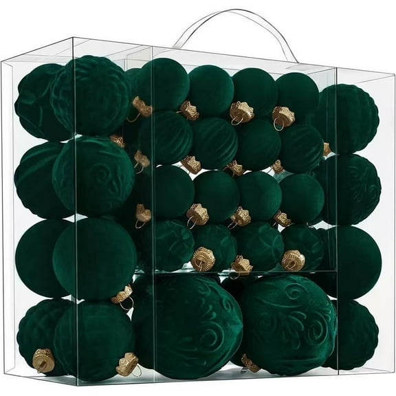 Dark Green Velvet Christmas Ball Ornaments, Christmas Tree Decorations 46Pcs Shatterproof Xmas Ornaments Set with 5 Styles in 3 Sizes(Small Medium Large), Christmas New Year Winter Party Home Decor