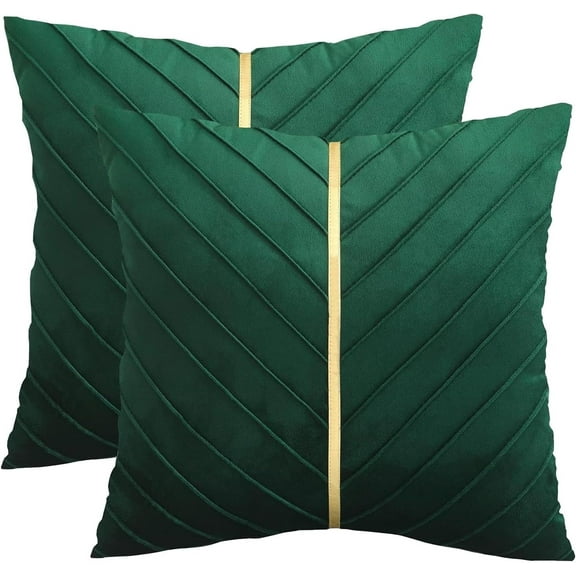 Dark Green Velvet Throw Pillow Covers 18x18 inch Pack of 2 with Gold Leather Home Decorative Cushion Cases Luxury Modern Pillow Covers for Sofa Bedroom Livingroom Car