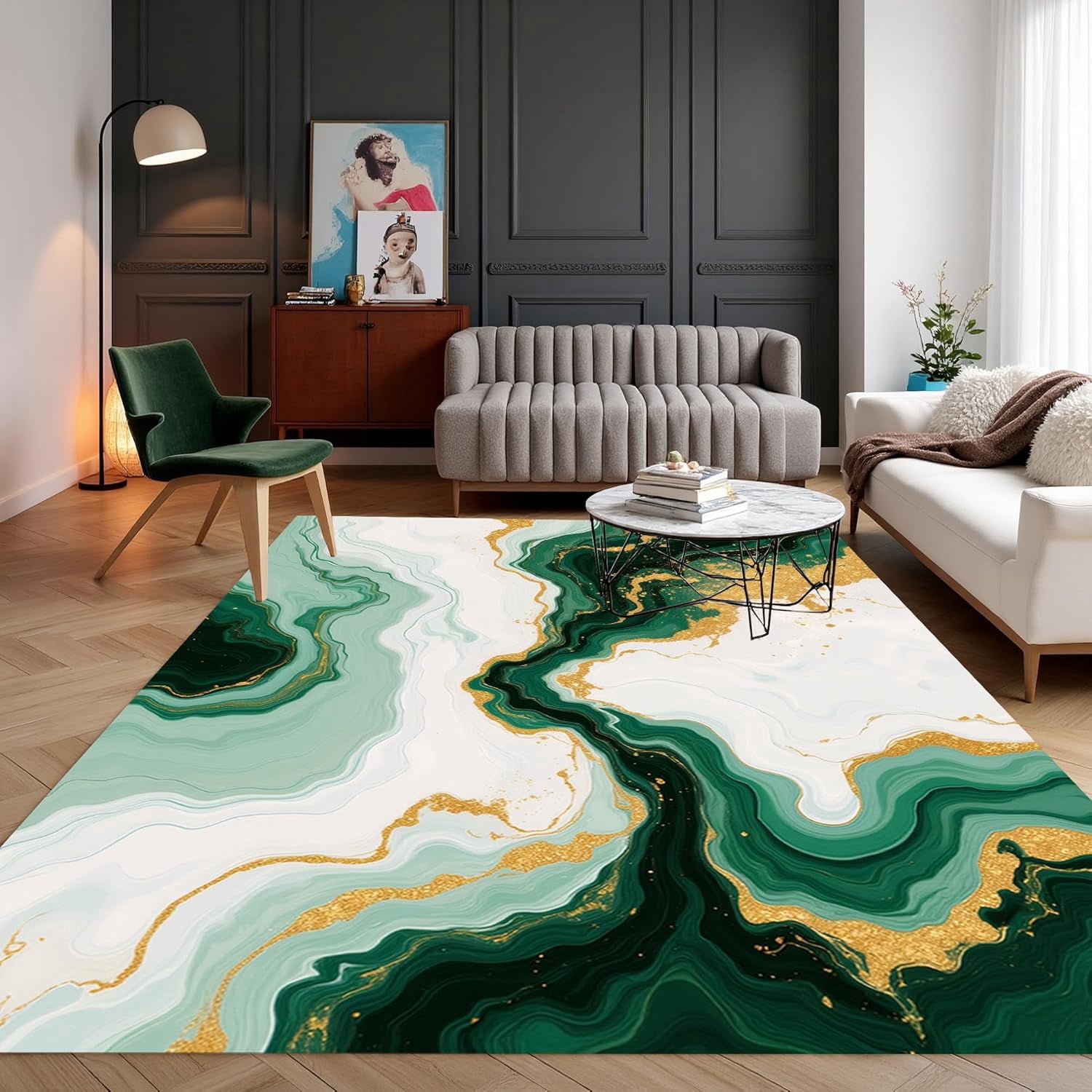 Dark Green White Gold Marble Area Rugs, Liquid Swirl Abstract Design ...