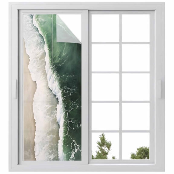 Dark Green Window Privacy Film Ocean Wave Beach Scenery Modern Art Decorative Glass Window Film UV Blocking Static Cling Non-Adhesive Sticker Covering for Home Door 29.5 x 78.7 inches