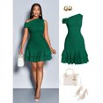 thumbnail image 1 of Dark Green Womens Asymmetrical One Shoulder Knit Ruched Double Ruffle Mini Dress, 1 of 7