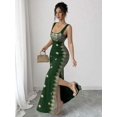 thumbnail image 1 of Dark Green Womens Elegant Square Neck Spaghetti Strap Backless Slit Hem Fitted Maxi Dress With Gold Embroidery, 1 of 7