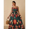 thumbnail image 1 of Dark Green Womens Floral Print Maxi Dress With Spaghetti Straps And Embroidered Detail, 1 of 6