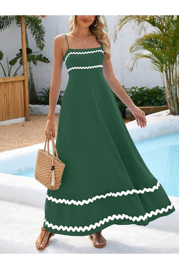Dark Green Womens Flowy Sleeveless Maxi Dress With White Zigzag Trim For Beach Holiday Casual Wear