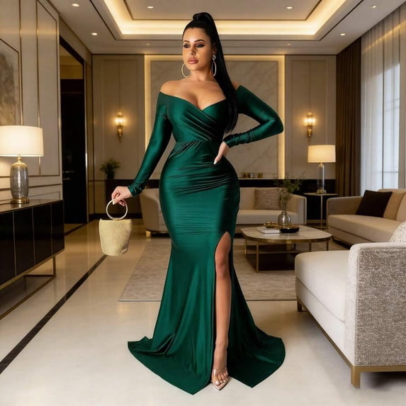 Dark Green Womens Off Shoulder Long Sleeve Maxi Dress With High Side Split Formal Evening Gown