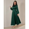 thumbnail image 1 of Dark Green Womens Solid Crew Neck Long Sleeve Pleat-Front Modest Maxi Dress, 1 of 8