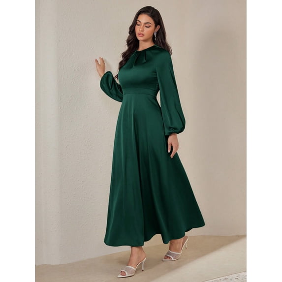 Dark Green Womens Solid Crew Neck Long Sleeve Pleat-Front Modest Maxi Dress