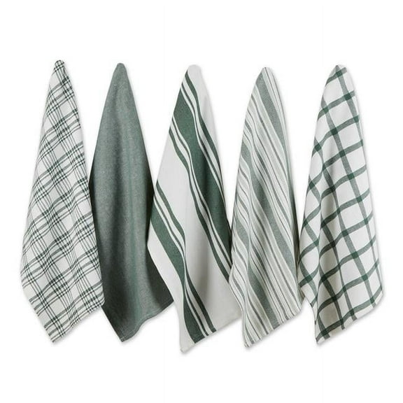 Dark Green Woven Dishtowels, Assorted Design - Set of 5