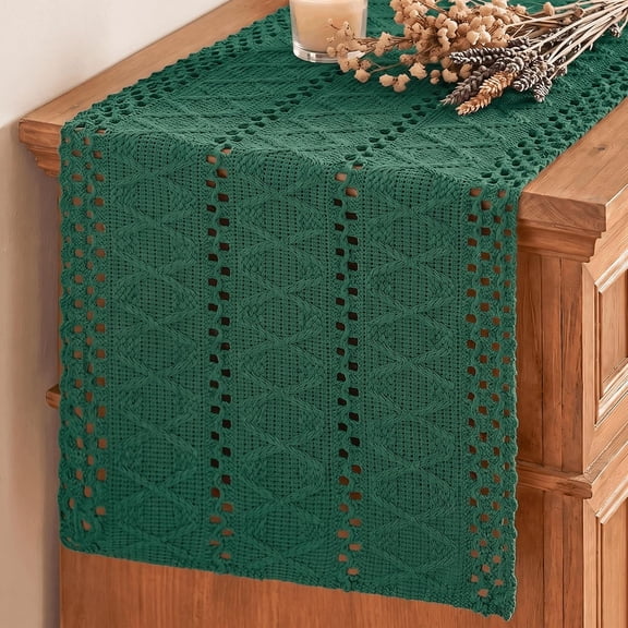 Dark Green Woven Farmhouse Hollow Table Runner 12x72 Inch