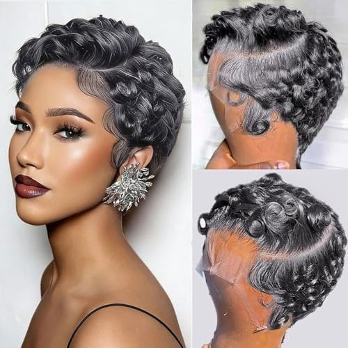 Dark Grey 13X4 Lace Front Curly Pixie Cut Wig Human Hair Wigs, Dark Grey 13x4 Lace Frontal Wigs Short Layered Curly Glueless Wig Deep Wave Pixie Cut Human Hair Wigs for Black Women