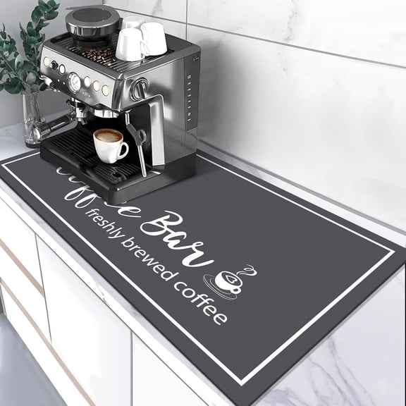 Dark Grey 17x32in Coffee Bar Mat: Absorbent Dish Drying Mat with Coffee Cup Pattern – Fits Under Coffee Maker Espresso Machine – Stylish Kitchen Countertop Decor